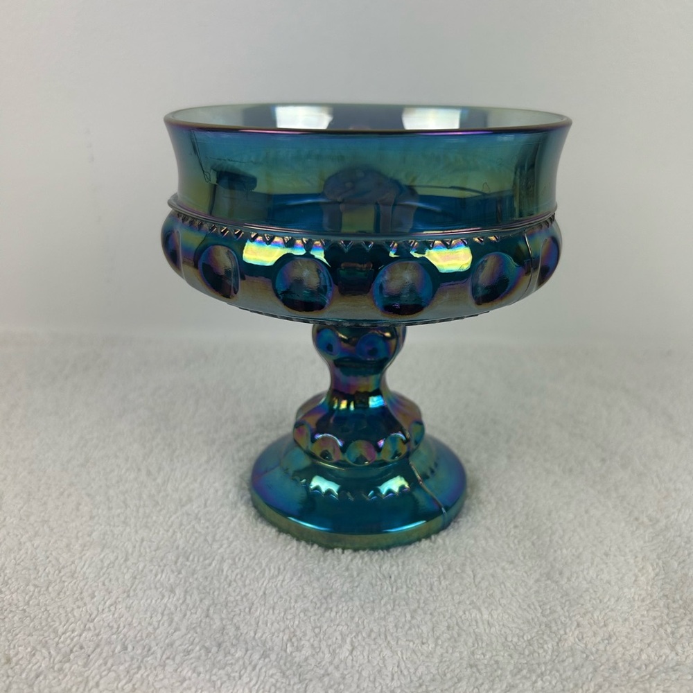 VTG Indiana Glass Iridescent Blue Carnival King's Crown Footed Compote